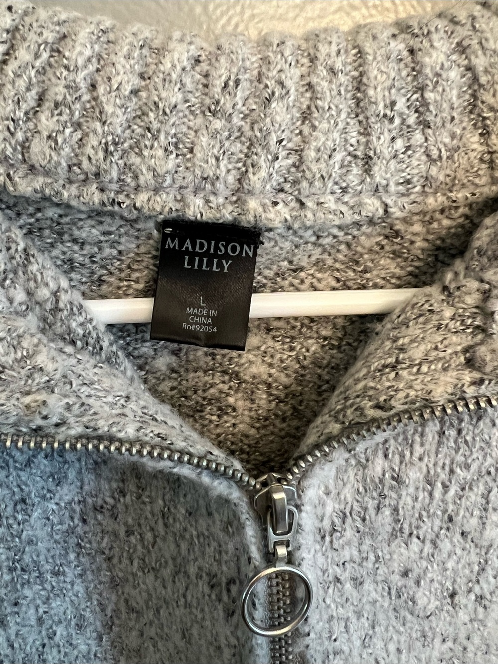 Madison Lilly Women's Light Gray Zip-Front Crew Sweater